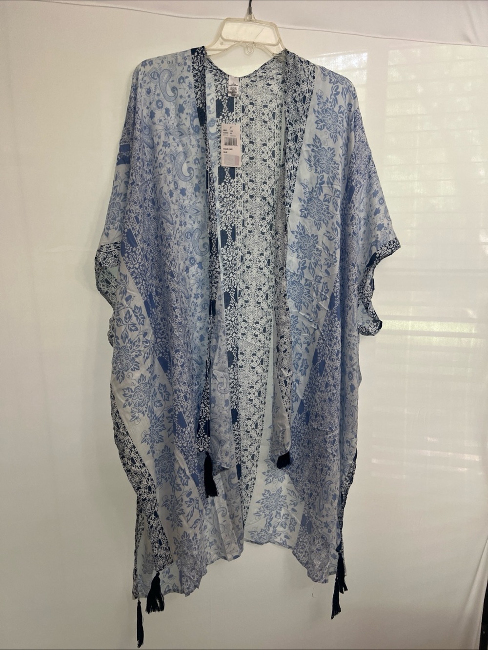 Light Blue Floral Kimono Cover-Up with Tassels